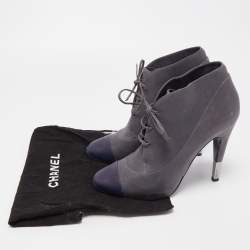 Chanel Grey Leather CC Cap Toe Lac Up Booties Size 39.5