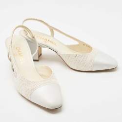 Pre Owned Chanel Grey Leather and Canvas Slingback CC Block Heel Pumps Size 39