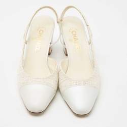 Pre Owned Chanel Grey Leather and Canvas Slingback CC Block Heel Pumps Size 39