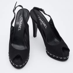 Chanel Black Canvas Chain Embellished Slingback Sandals Size 38.5