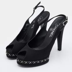Chanel Black Canvas Chain Embellished Slingback Sandals Size 38.5