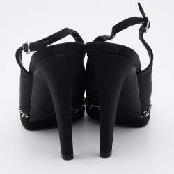 Chanel Black Canvas Chain Embellished Slingback Sandals Size 38.5