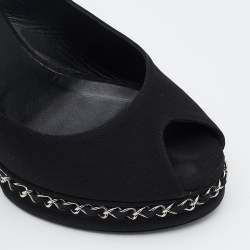 Chanel Black Canvas Chain Embellished Slingback Sandals Size 38.5