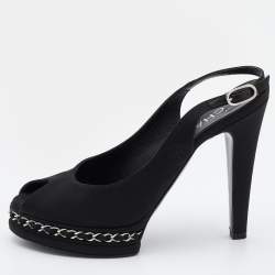Chanel Black Canvas Chain Embellished Slingback Sandals Size 38.5