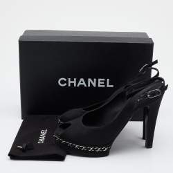 Chanel Black Canvas Chain Embellished Slingback Sandals Size 38.5