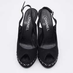 Chanel Black Canvas Chain Embellished Slingback Sandals Size 38.5