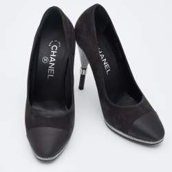 Pre Owned Chanel Black Suede and Satin Cap Toe CC Pumps Size 37.5