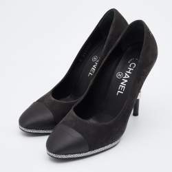 Pre Owned Chanel Black Suede and Satin Cap Toe CC Pumps Size 37.5