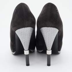 Pre Owned Chanel Black Suede and Satin Cap Toe CC Pumps Size 37.5