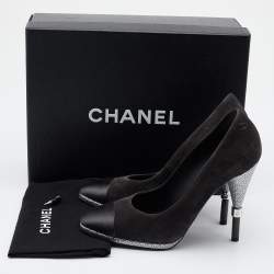 Pre Owned Chanel Black Suede and Satin Cap Toe CC Pumps Size 37.5