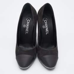 Pre Owned Chanel Black Suede and Satin Cap Toe CC Pumps Size 37.5