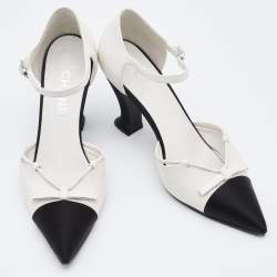 Pre Owned Chanel Cream/Black Leather, Satin and Canvas Pointed Cap Toe Ankle Strap Pumps Size 38