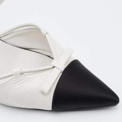 Pre Owned Chanel Cream/Black Leather, Satin and Canvas Pointed Cap Toe Ankle Strap Pumps Size 38