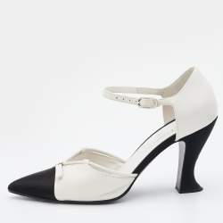Pre Owned Chanel Cream/Black Leather, Satin and Canvas Pointed Cap Toe Ankle Strap Pumps Size 38