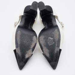 Pre Owned Chanel Cream/Black Leather, Satin and Canvas Pointed Cap Toe Ankle Strap Pumps Size 38