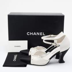 Pre Owned Chanel Cream/Black Leather, Satin and Canvas Pointed Cap Toe Ankle Strap Pumps Size 38