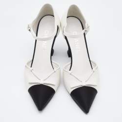 Pre Owned Chanel Cream/Black Leather, Satin and Canvas Pointed Cap Toe Ankle Strap Pumps Size 38
