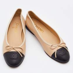 Chanel Beige/Black Leather CC Cap Toe Bow Ballet Flats Size 38