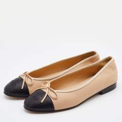 Chanel Beige/Black Leather CC Cap Toe Bow Ballet Flats Size 38