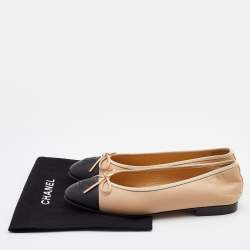 Chanel Beige/Black Leather CC Cap Toe Bow Ballet Flats Size 38