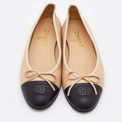 Chanel Beige/Black Leather CC Cap Toe Bow Ballet Flats Size 38