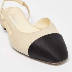 Pre Owned Chanel Cream/Black Satin and Patent CC Slingback Flats Size 38.5