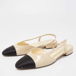 Chanel Beige/White Leather and Patent Slingback D'orsay Flats Size 39.5  Chanel