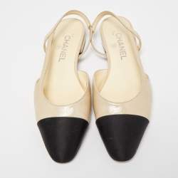 Pre Owned Chanel Cream/Black Satin and Patent CC Slingback Flats Size 38.5
