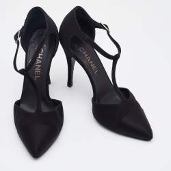 Pre Owned Chanel Black Satin Cap Toe T Strap Pumps Size 37.5