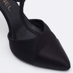 Pre Owned Chanel Black Satin Cap Toe T Strap Pumps Size 37.5