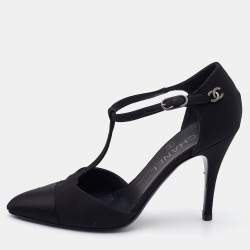 Pre Owned Chanel Black Satin Cap Toe T Strap Pumps Size 37.5