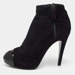Chanel Black Quilted Suede and Patent CC Cap Toe Ankle Boots
