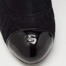 Chanel Black Quilted Suede and Patent CC Cap Toe Ankle Boots Size 39.5