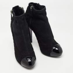 Chanel Black Quilted Suede and Patent CC Cap Toe Ankle Boots Size 39.5