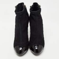 Chanel Black Quilted Suede and Patent CC Cap Toe Ankle Boots Size 39.5