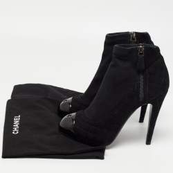 Chanel Black Quilted Suede and Patent CC Cap Toe Ankle Boots Size 39.5