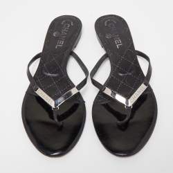 Pre Owned Chanel Black Leather Thong Flats Size 38.5