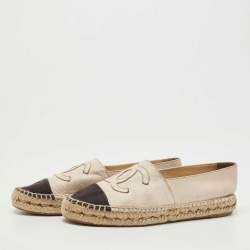 Pre Owned Chanel Cream/Black Leather and Canvas CC Espadrille Flats Size 38