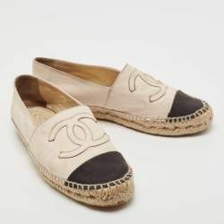 Pre Owned Chanel Cream/Black Leather and Canvas CC Espadrille Flats Size 38