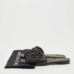 Chanel Black Leather Camellia Applique CC Flat Slides Size 37.5