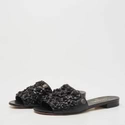 Chanel Black Leather Camellia Applique CC Flat Slides Size 37.5