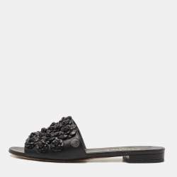 Chanel Black Leather Camellia Applique CC Flat Slides Size 37.5