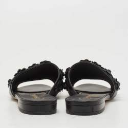 Chanel Black Leather Camellia Applique CC Flat Slides Size 37.5