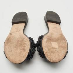 Chanel Black Leather Camellia Applique CC Flat Slides Size 37.5