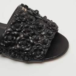 Chanel Black Leather Camellia Applique CC Flat Slides Size 37.5
