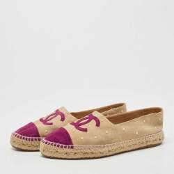 Chanel Beige/Burgundy Suede Faux Pearl Embellished CC Espadrille Flats Size 39