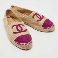 Chanel Beige/Burgundy Suede Faux Pearl Embellished CC Espadrille Flats Size 39