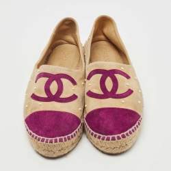 Chanel Beige/Burgundy Suede Faux Pearl Embellished CC Espadrille Flats Size 39