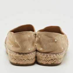 Chanel Beige/Burgundy Suede Faux Pearl Embellished CC Espadrille Flats Size 39