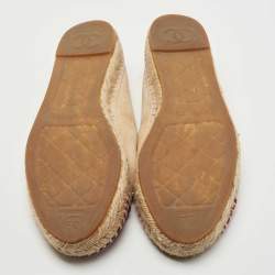 Chanel Beige/Burgundy Suede Faux Pearl Embellished CC Espadrille Flats Size 39